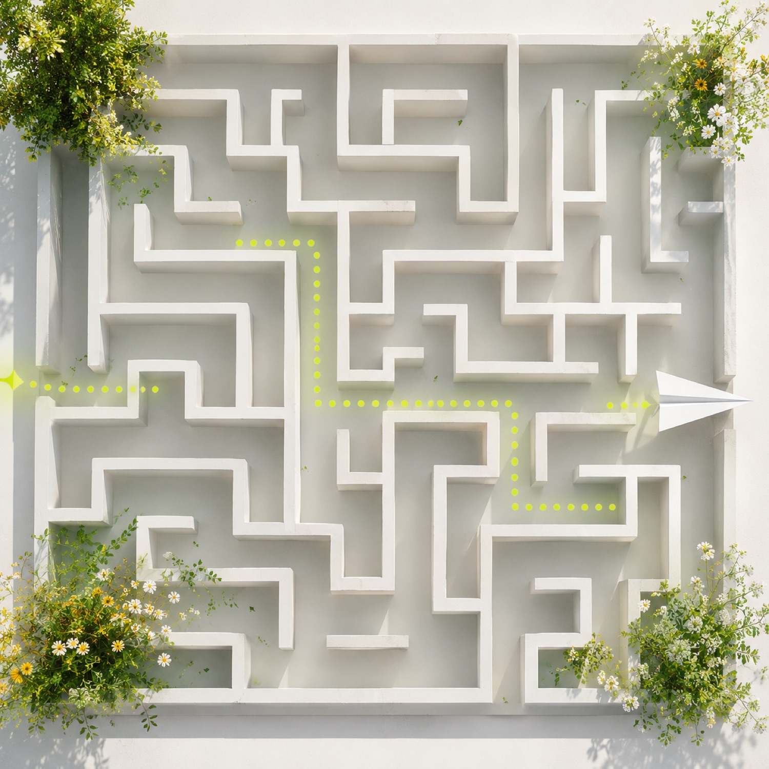 Surreales Bild eines Papierfliegers, der präzise seinen Weg durch ein Labyrinth findet, Sinnbild für Klarheit und konsequente Entscheidungen
